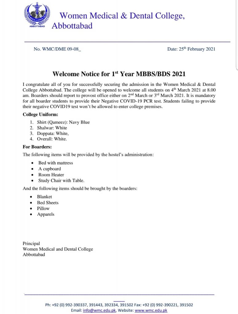 welcome notice for 1 year mbbs/bds 2021